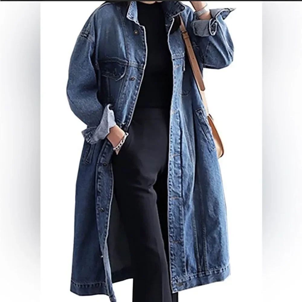 New women’s classic 5 button 4 pockets denim jean jacket in a duster sz L